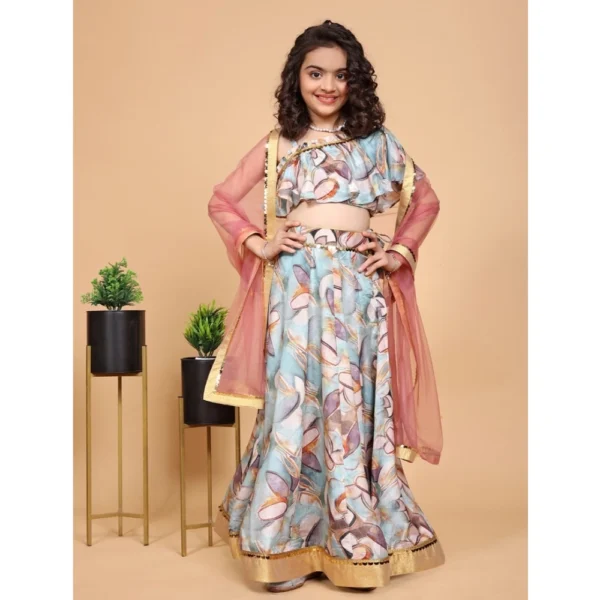 Girl's Chiffon Printed Lehenga Choli Set (Blue) - Image 3