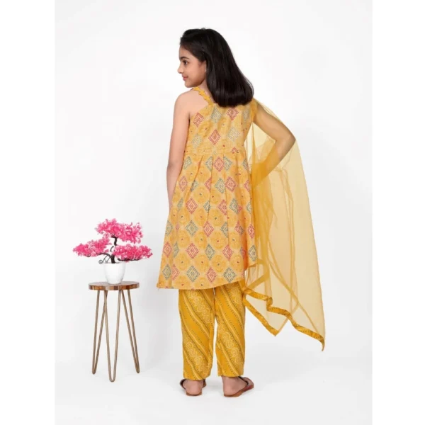 Girl's Cotton Printed Kurti With Bottom Dupatta Set (Yellow) - Image 3