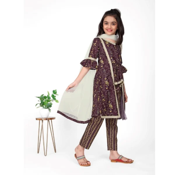 Girl's Cotton Embrodrery Lace Shrug Kurti With Bottom Dupatta Set (Maroon) - Image 5