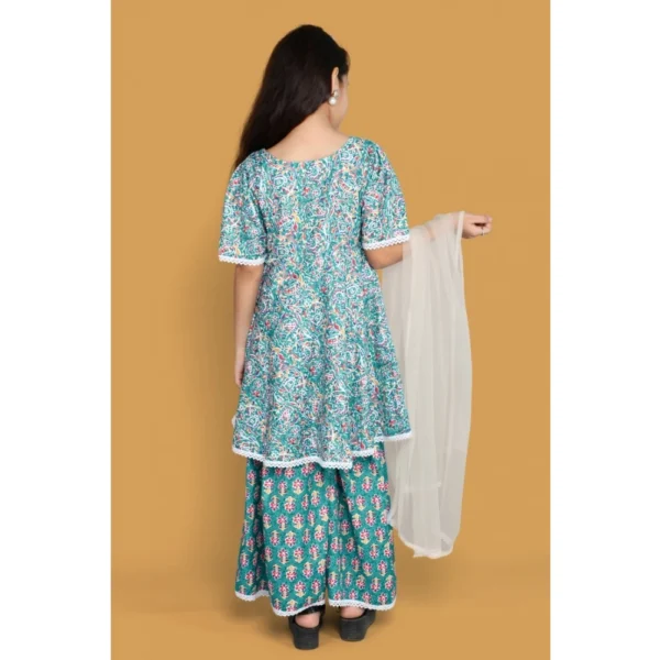 Girl's Silk Blend Floral Prinded Shiffli Lace Top Sharara Dupatta Set (Teal) - Image 5