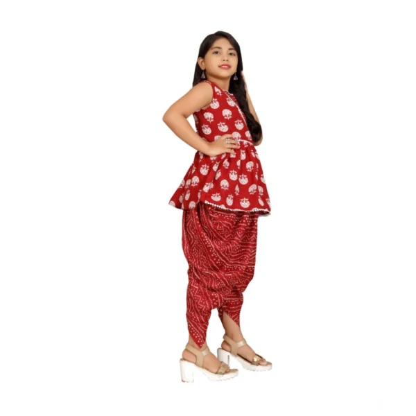 Girl's Cotton?Rayon Printed Top And Dhoti With Dupatta Set (Maroon) - Image 3