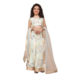 Girl's Chiffon Printed Lehenga Choli Set (Green)