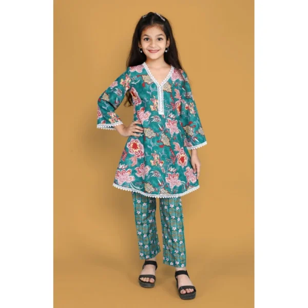 Girl's Silk Blend Floral Prinded Shiffli Lace Salwar Kameez Dupatta Set (Teal) - Image 3