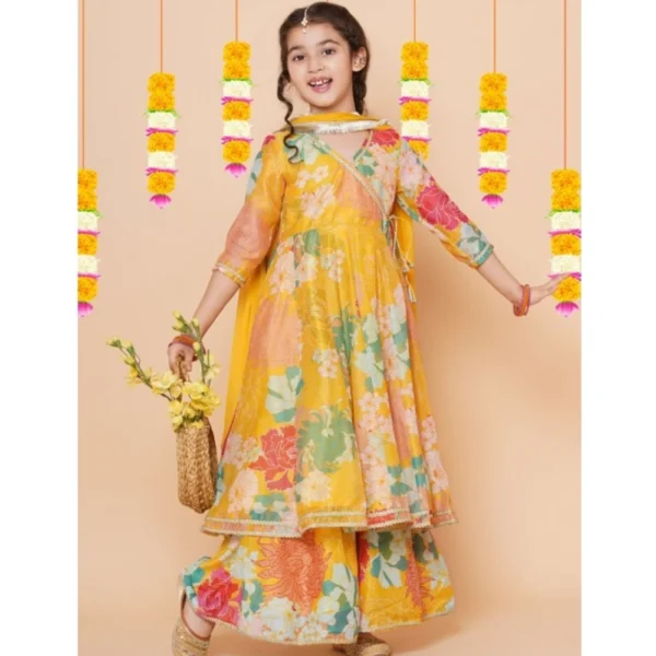 Girl's Rayon Printed Codding Lace Anarkali-Style Suit (Yellow) - Image 4