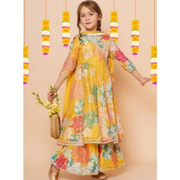 Girl's Rayon Printed Codding Lace Anarkali-Style Suit (Yellow) - Image 3