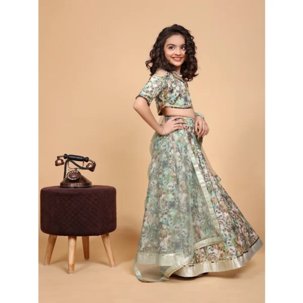 Girl's Chiffon Printed Lehenga Choli Set (Green) - Image 3