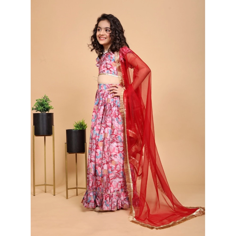 Girl's Chiffon Printed Lehenga Choli Set (Pink) - Image 3