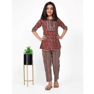 Girl's Cotton Printed Top With Bottom Set (Brown)