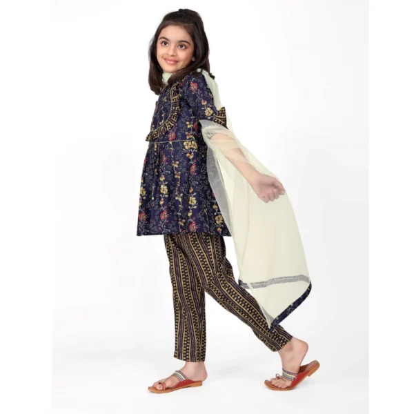 Girl's Cotton Printed Kurti With Bottom Dupatta Set (Dark Blue) - Image 4
