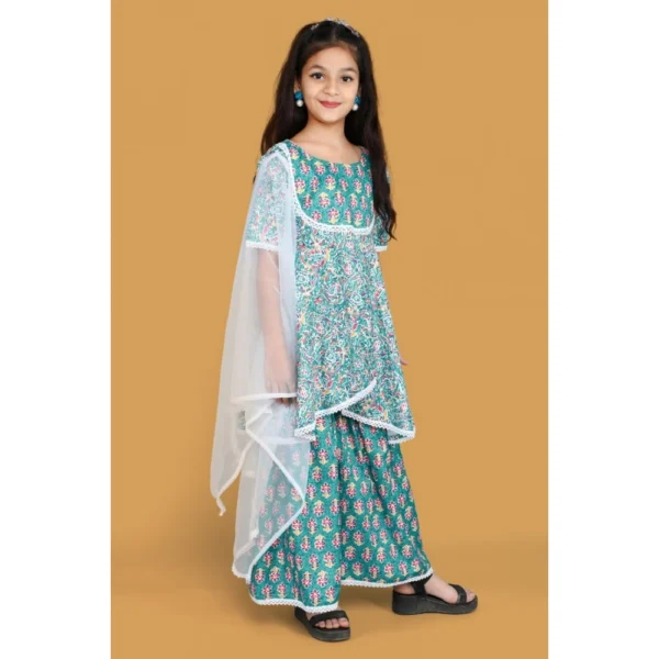 Girl's Silk Blend Floral Prinded Shiffli Lace Top Sharara Dupatta Set (Teal) - Image 3