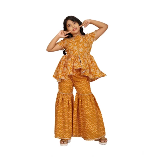 Girl's Cotton?Rayon Printed Top And Sharara Set (Mustard)