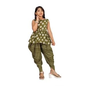 Girl's Cotton?Rayon Printed Top And Dhoti With Dupatta Set (Green)