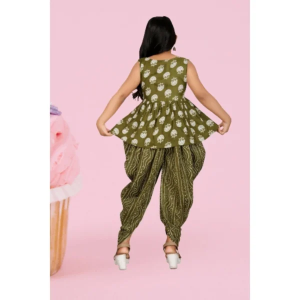 Girl's Cotton?Rayon Printed Top And Dhoti With Dupatta Set (Green) - Image 4