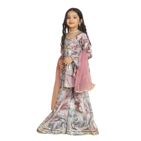 Girl's Maslin Embrodrery Lace Aliya Cut Top With Sharara Dupatta Set (Pink) - Image 3