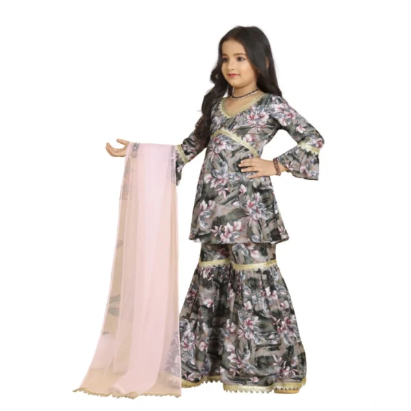 Girl's Maslin Embrodrery Lace Aliya Cut Top With Sharara Dupatta Set (Grey Pink) - Image 3