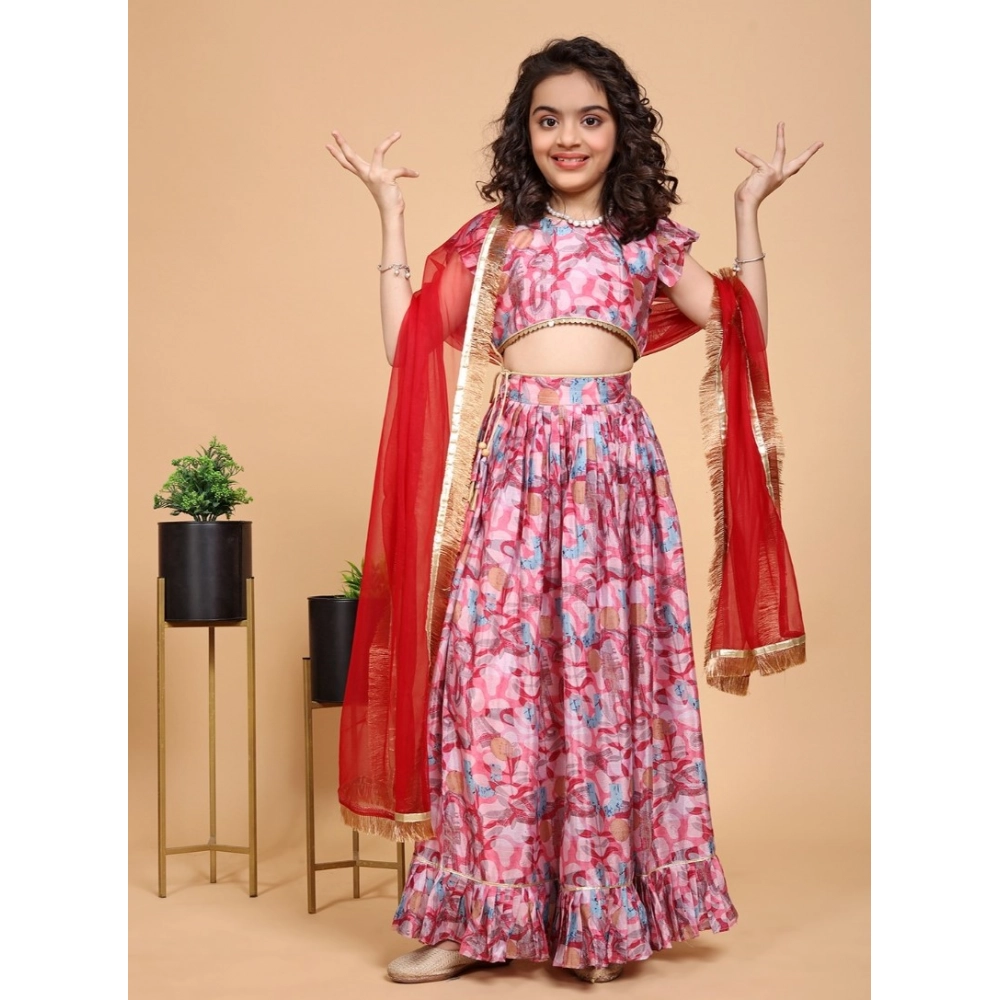 Girl's Chiffon Printed Lehenga Choli Set (Pink) - Image 4