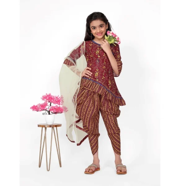 Girl's Cotton Printed Kurtis With Dhoti Dupatta Set (Maroon) - Image 4