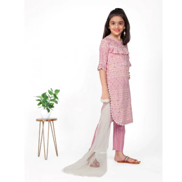 Girl's Cotton Printed Kurtis With Bottom Dupatta Set (Baby Pink) - Image 5