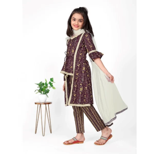 Girl's Cotton Embrodrery Lace Shrug Kurti With Bottom Dupatta Set (Maroon) - Image 4