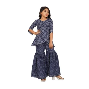 Girl's Cotton?Rayon Printed Top And Sharara Set (Blue)