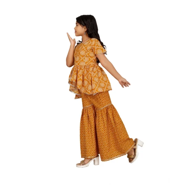 Girl's Cotton?Rayon Printed Top And Sharara Set (Mustard) - Image 4