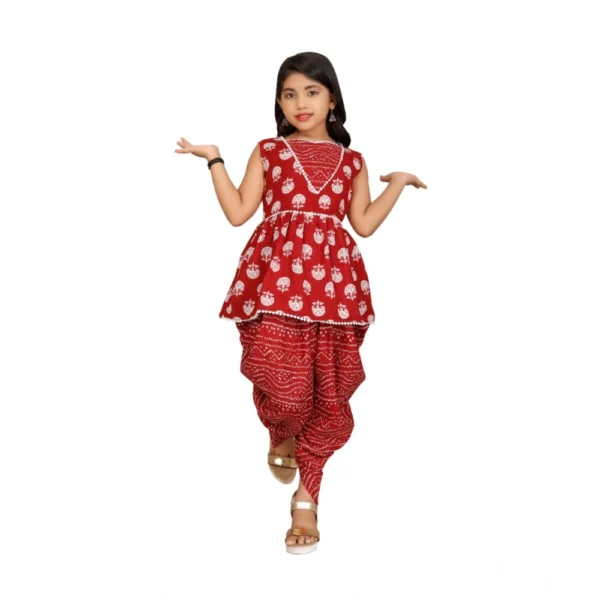 Girl's Cotton?Rayon Printed Top And Dhoti With Dupatta Set (Maroon) - Image 4