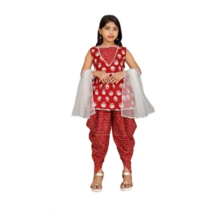 Girl's Cotton?Rayon Printed Top And Dhoti With Dupatta Set (Maroon)