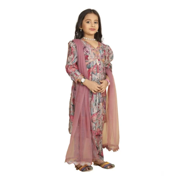 Girl's Maslin Embrodrery Lace Aliya Cut Top With Bottom Dupatta Set (Multicolor) - Image 3