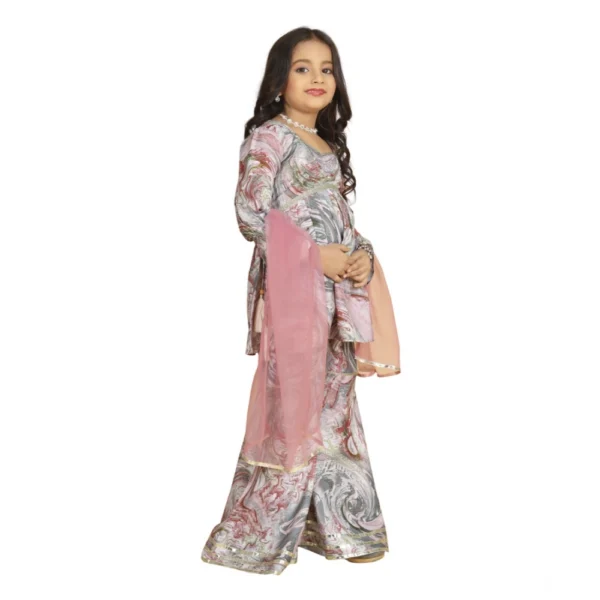 Girl's Maslin Embrodrery Lace Aliya Cut Top With Sharara Dupatta Set (Pink) - Image 4