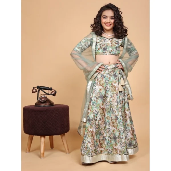 Girl's Chiffon Printed Lehenga Choli Set (Green) - Image 5