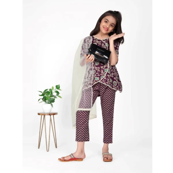 Girl's Cotton Printed Kurti With Bottom Dupatta Set (Brown) - Image 4