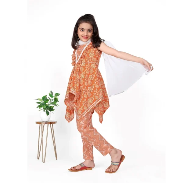 Girl's Cotton Printed Kurti With Bottom Dupatta Set (Orange) - Image 4