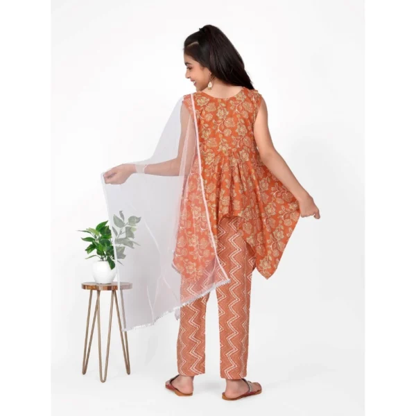 Girl's Cotton Printed Kurti With Bottom Dupatta Set (Orange) - Image 3