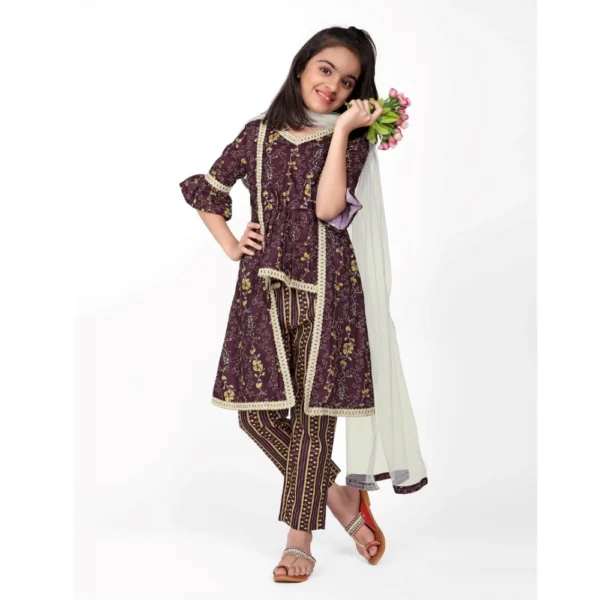 Girl's Cotton Embrodrery Lace Shrug Kurti With Bottom Dupatta Set (Maroon) - Image 3