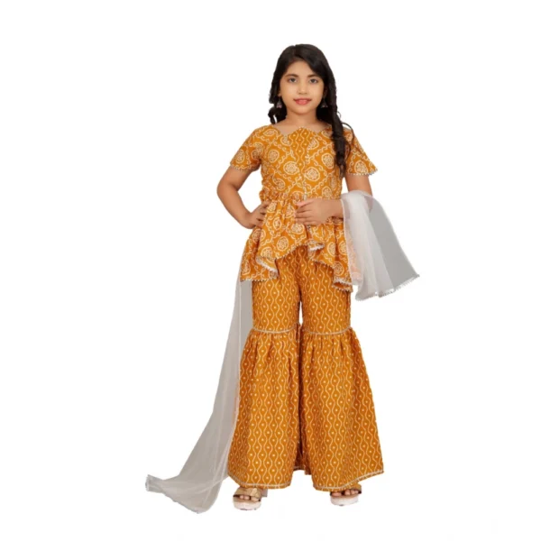 Girl's Cotton?Rayon Printed Top And Sharara Set (Mustard) - Image 3