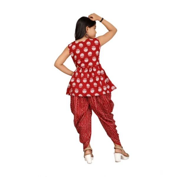 Girl's Cotton?Rayon Printed Top And Dhoti With Dupatta Set (Maroon) - Image 5