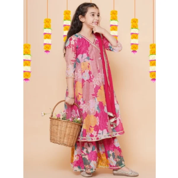 Girl's Rayon Printed Codding Lace Anarkali-Style Suit (Pink) - Image 3