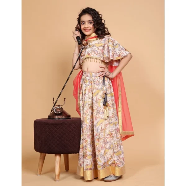 Girl's Chiffon Printed Lehenga Choli Set (Beige) - Image 3