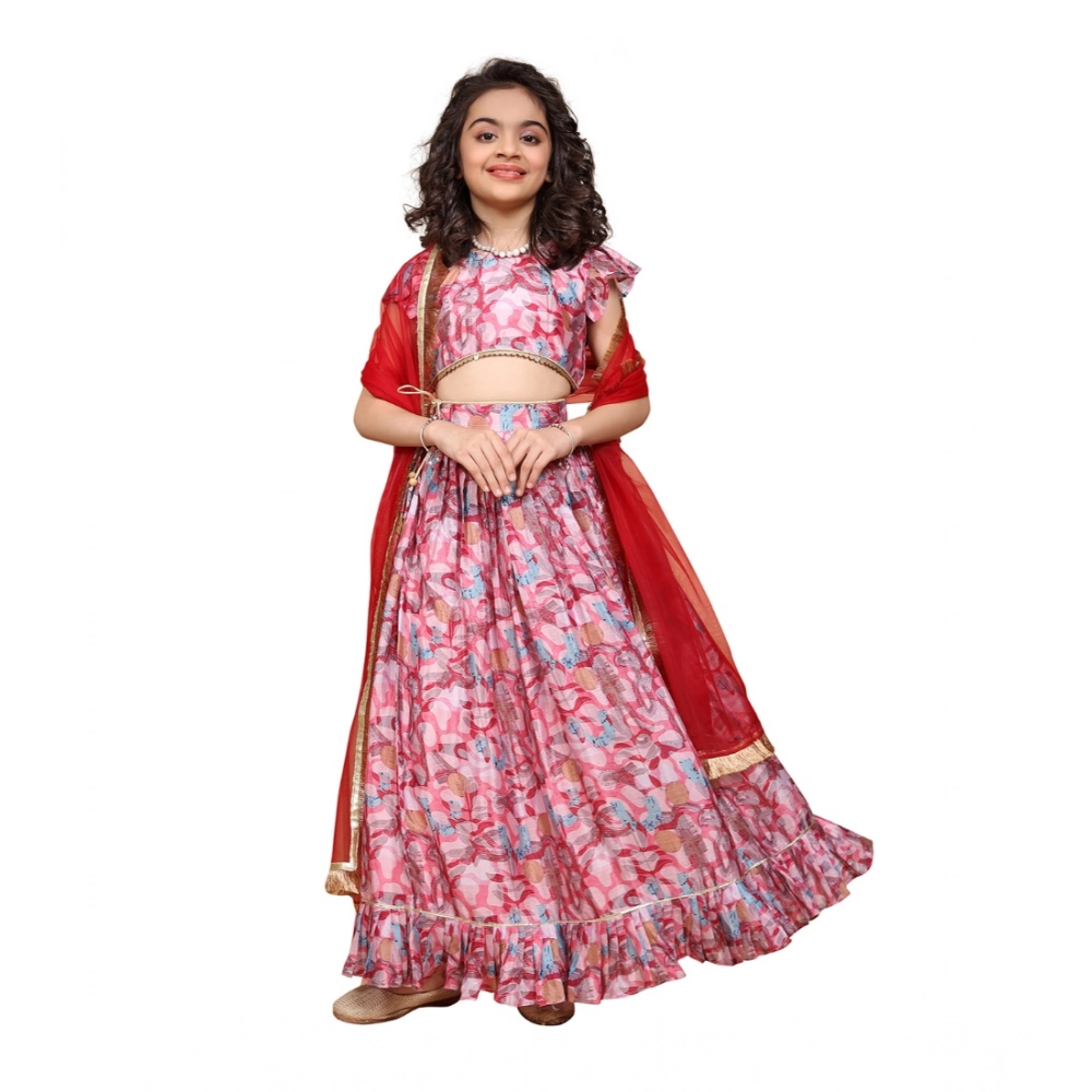 Girl's Chiffon Printed Lehenga Choli Set (Pink)
