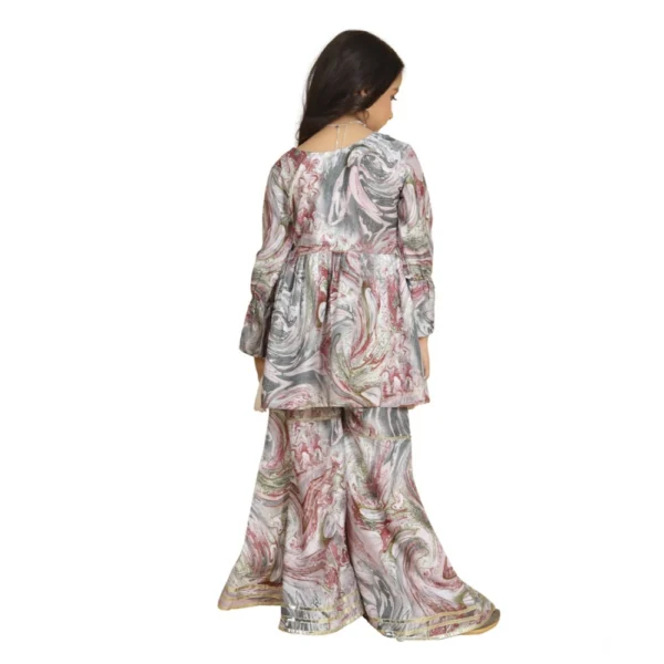 Girl's Maslin Embrodrery Lace Aliya Cut Top With Sharara Dupatta Set (Pink) - Image 5