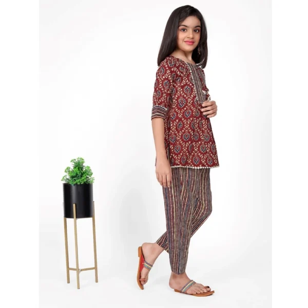 Girl's Cotton Printed Top With Bottom Set (Brown) - Image 4