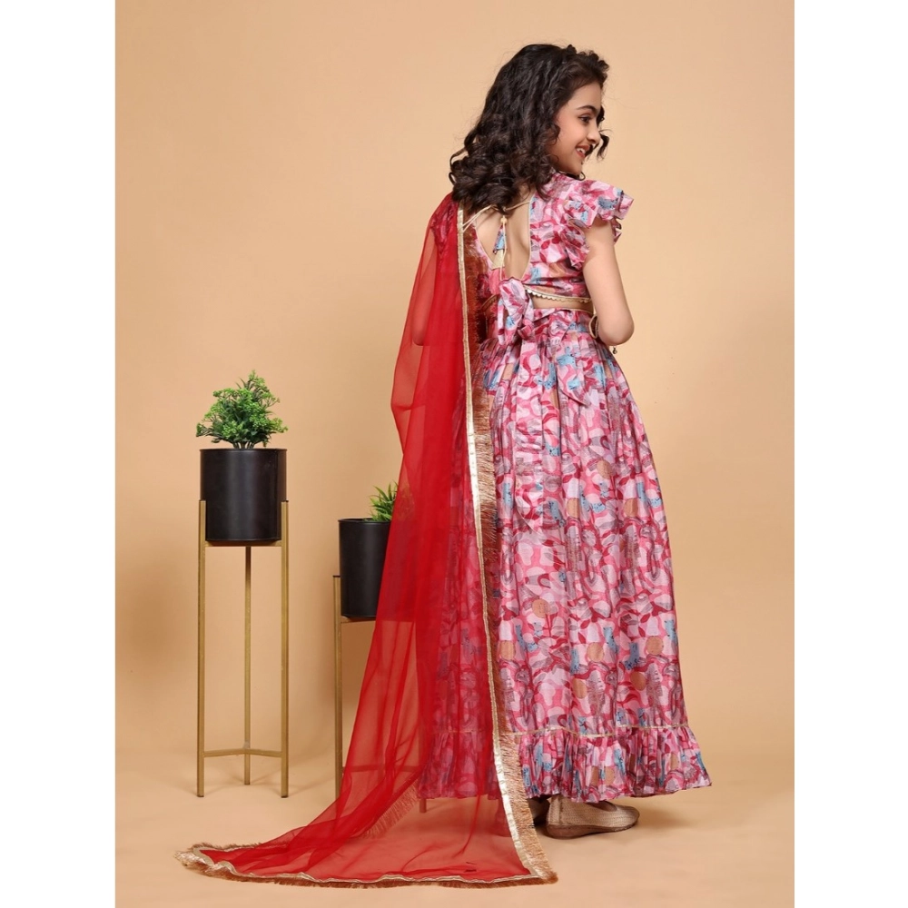 Girl's Chiffon Printed Lehenga Choli Set (Pink) - Image 5
