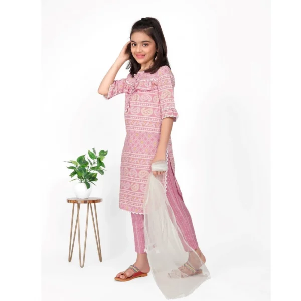 Girl's Cotton Printed Kurtis With Bottom Dupatta Set (Baby Pink) - Image 4