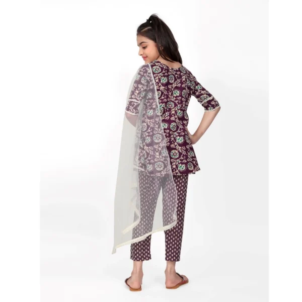 Girl's Cotton Printed Kurti With Bottom Dupatta Set (Brown) - Image 3
