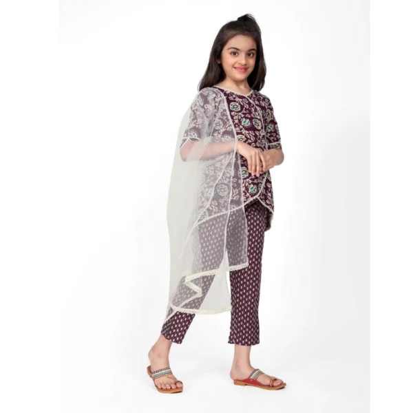 Girl's Cotton Printed Kurti With Bottom Dupatta Set (Brown) - Image 5