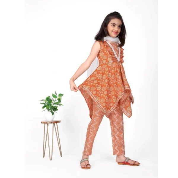 Girl's Cotton Printed Kurti With Bottom Dupatta Set (Orange) - Image 5