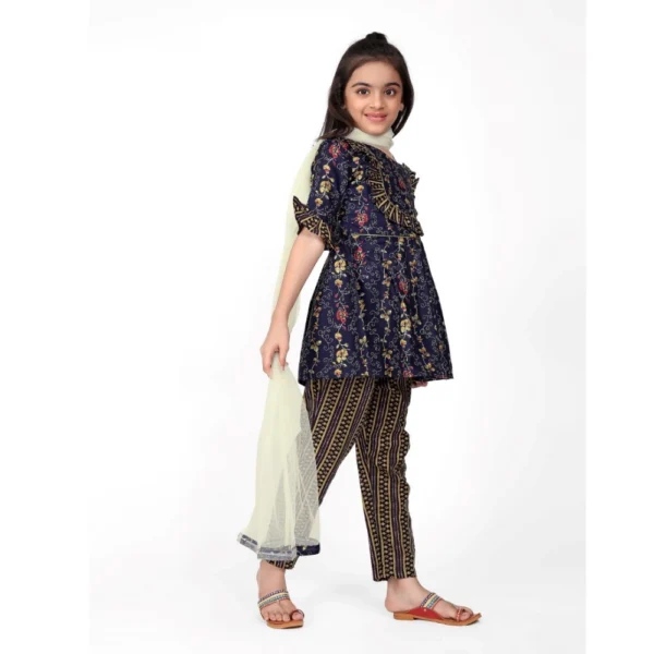 Girl's Cotton Printed Kurti With Bottom Dupatta Set (Dark Blue) - Image 5