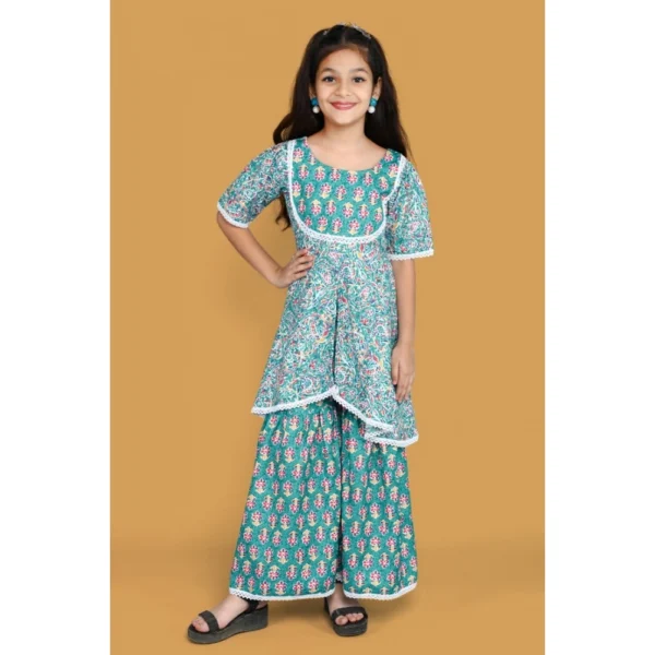 Girl's Silk Blend Floral Prinded Shiffli Lace Top Sharara Dupatta Set (Teal) - Image 4
