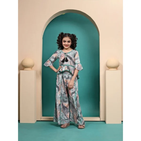 Girl's Maslin Printed Top And Plazzo Set (Multicolor)