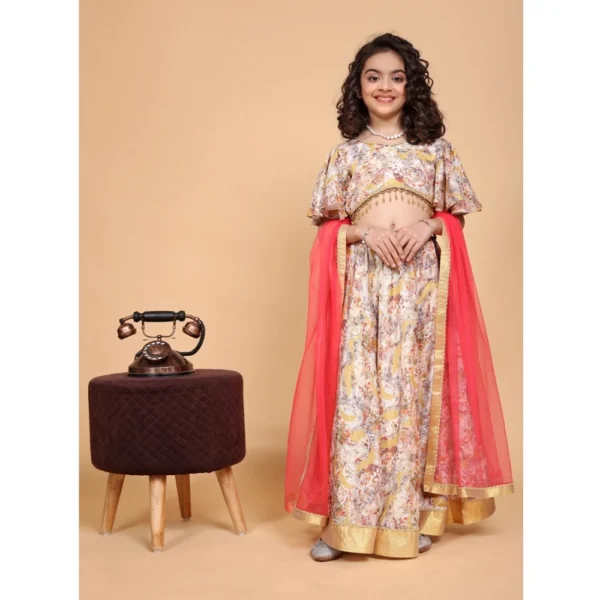 Girl's Chiffon Printed Lehenga Choli Set (Beige) - Image 4